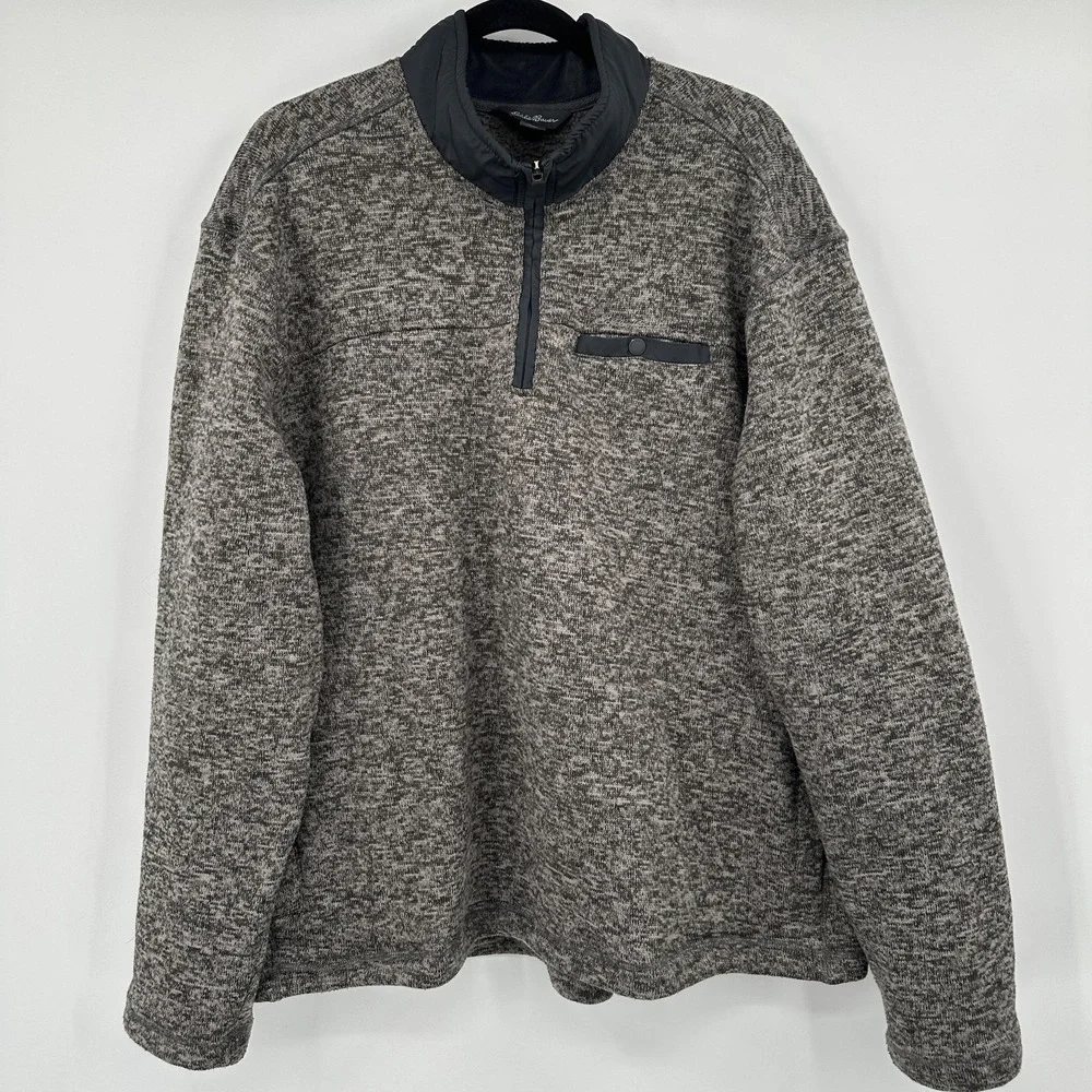 Eddie Bauer Sweater Mens 2XL Gray Heather Quarter Zip Fleece‎ Pullover Pocket
